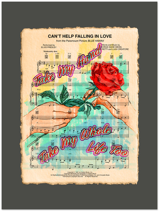 Sheet music with hands holding a rose and romantic text on a dark background