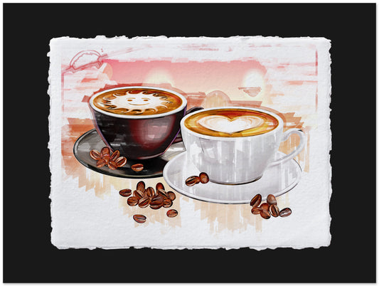 Two coffee cups with a heart design on a textured background