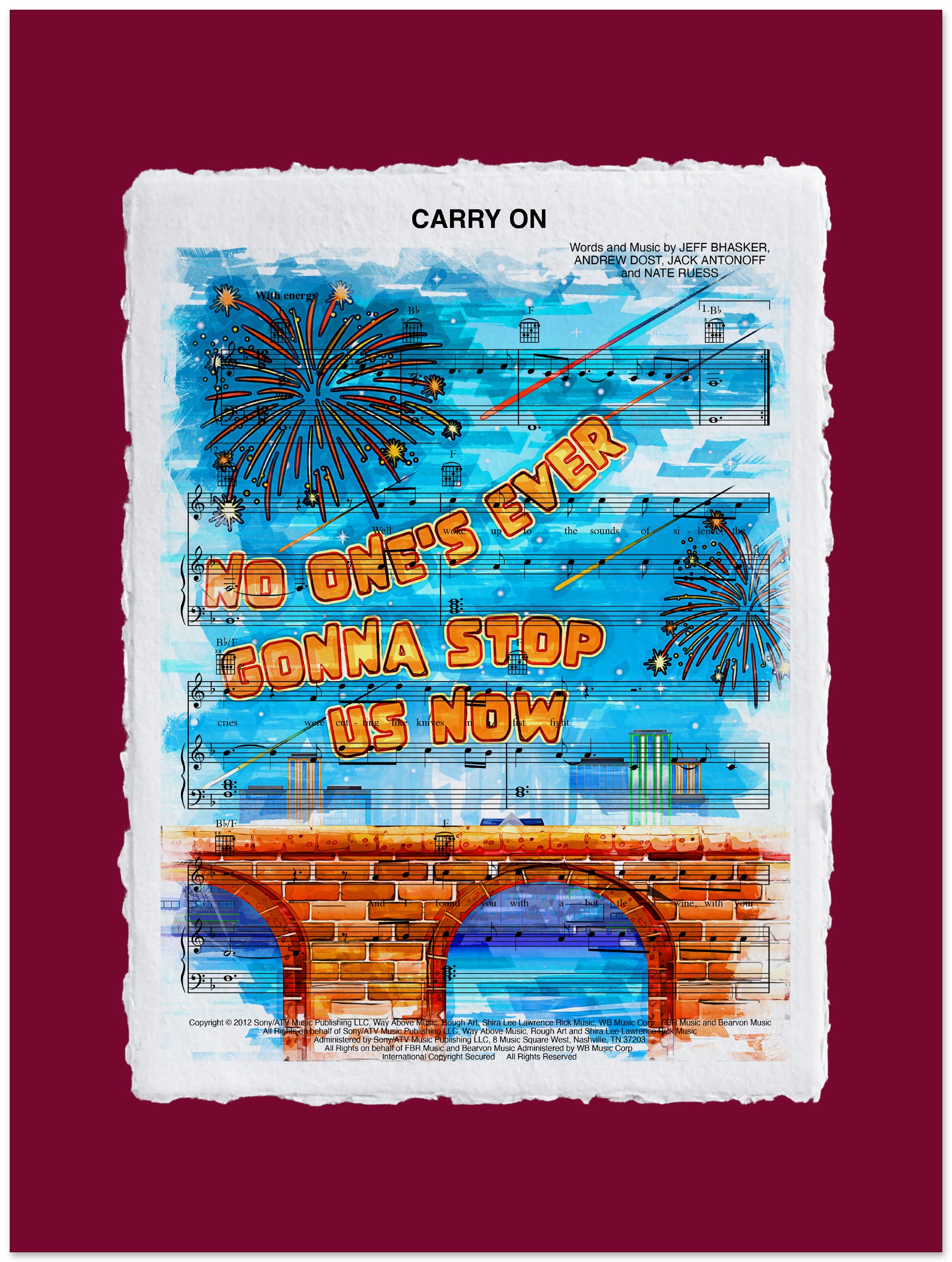 Decorative poster with text 'No One's Ever Gonna Stop Us Now' and musical notes on a red background