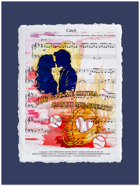 Artistic design with musical notes, a couple, and sports elements on a blue background