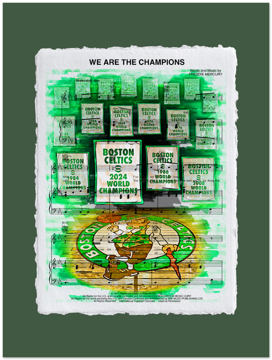 Framed artwork celebrating the Boston Celtics 2024 World Champions with green and white design.