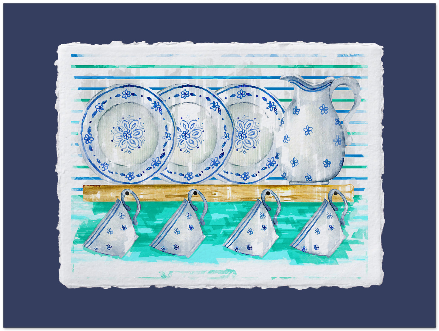 Set of blue and white ceramic dishes on a textured surface with a blue background