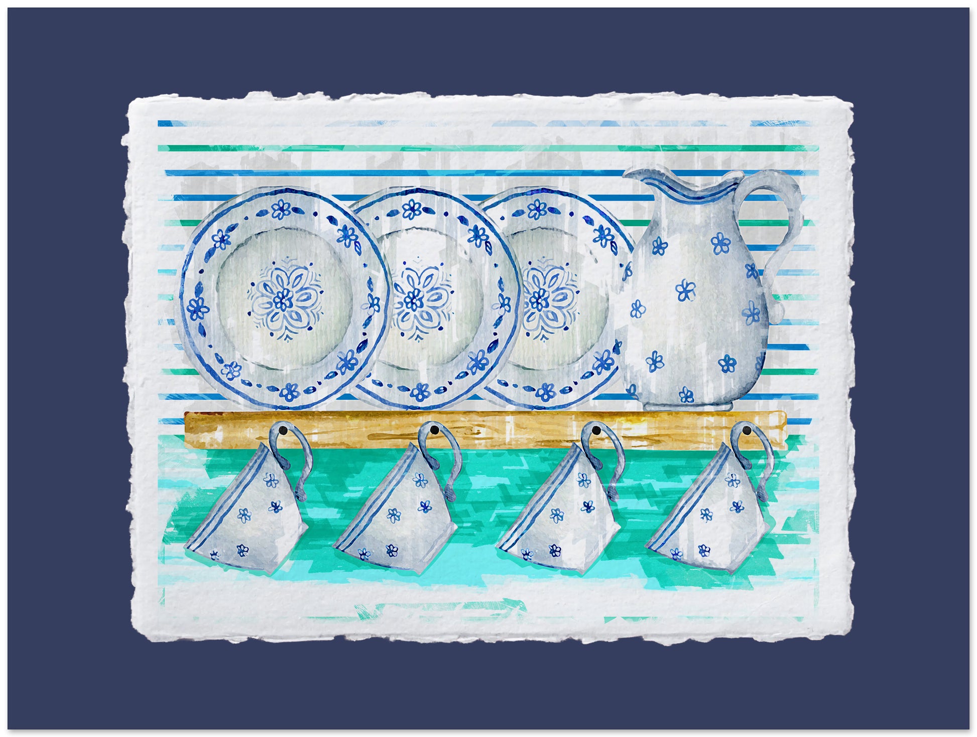 Set of blue and white ceramic dishes on a textured surface with a blue background