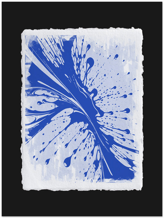 Blue abstract design on a white background with a black border