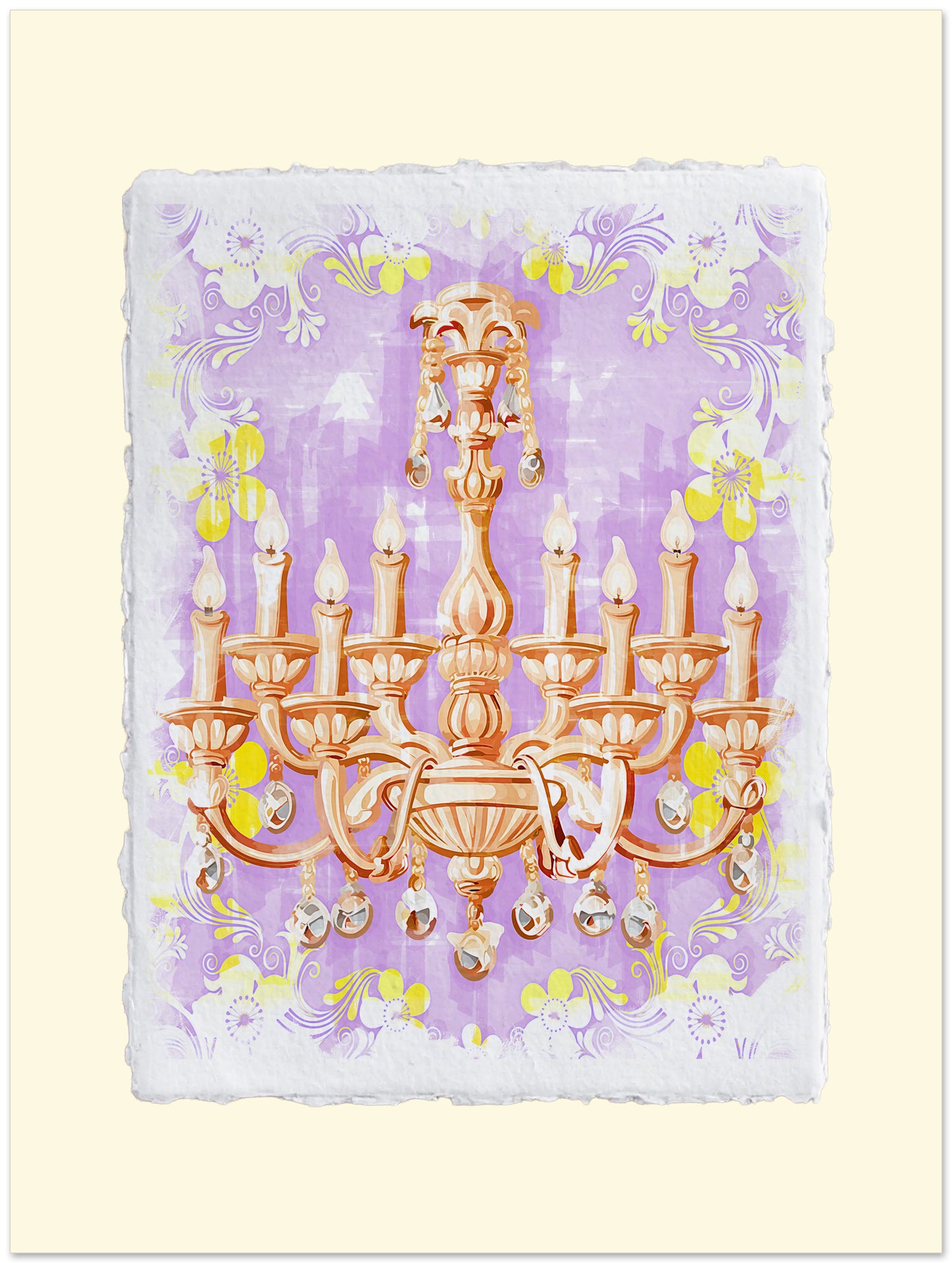 Decorative card with a gold chandelier illustration on a purple and yellow floral background