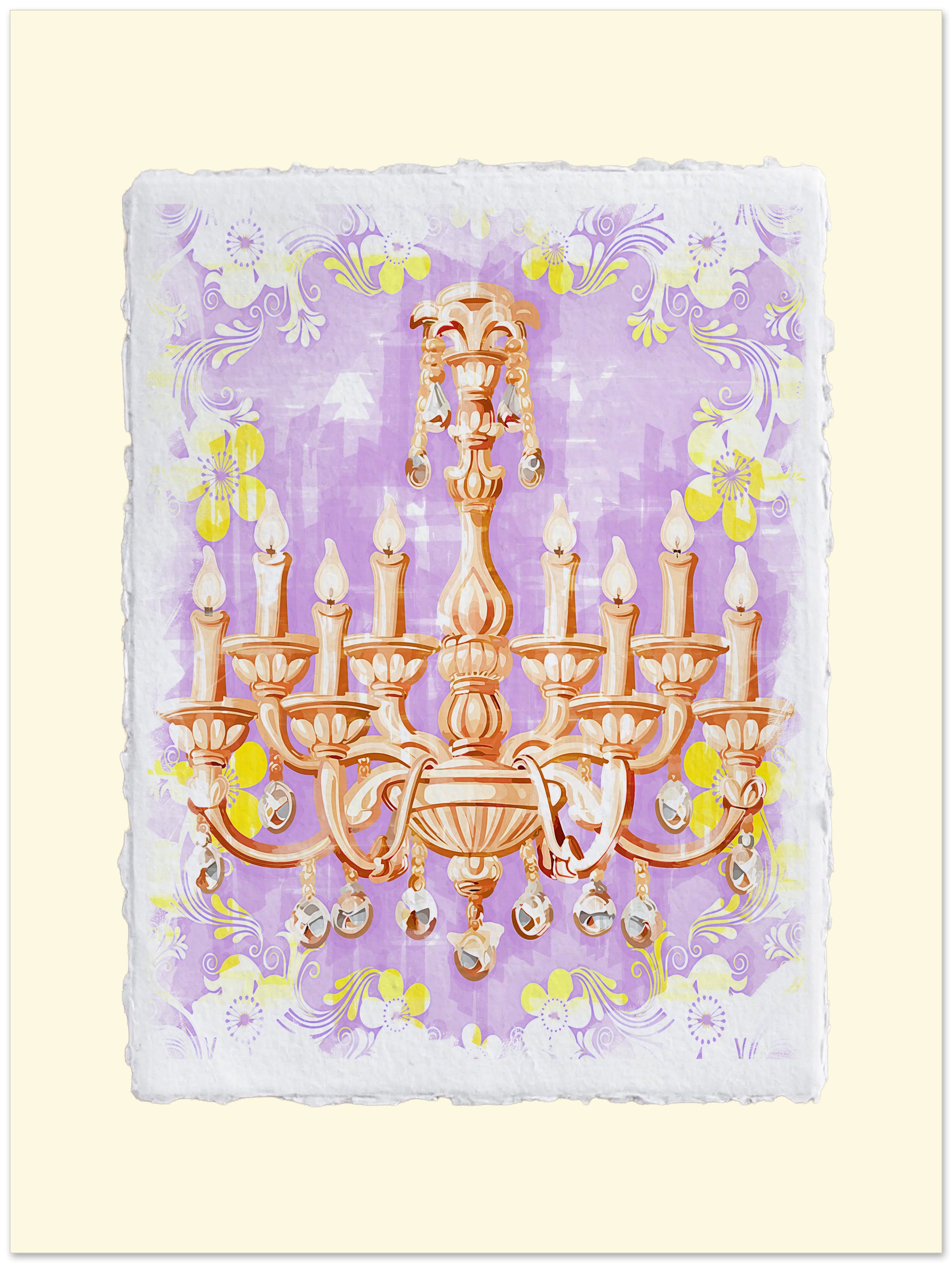Decorative card with a gold chandelier illustration on a purple and yellow floral background