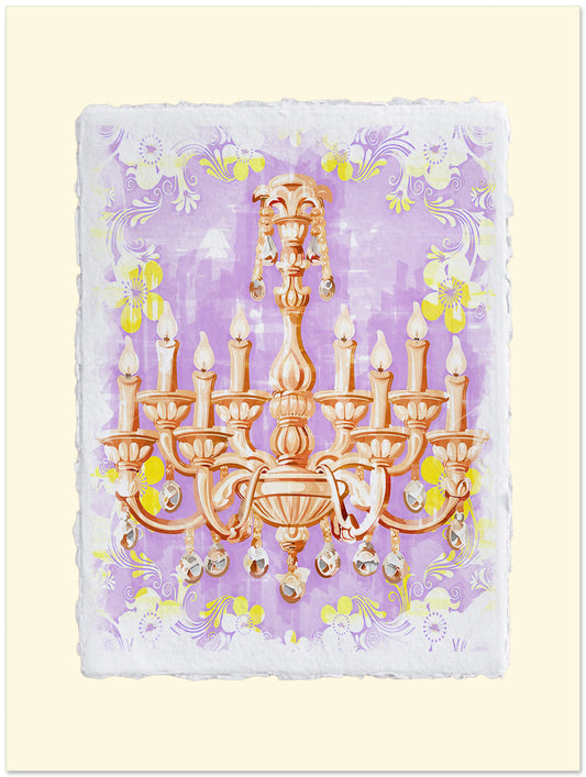 Decorative card with a gold chandelier illustration on a purple and yellow floral background