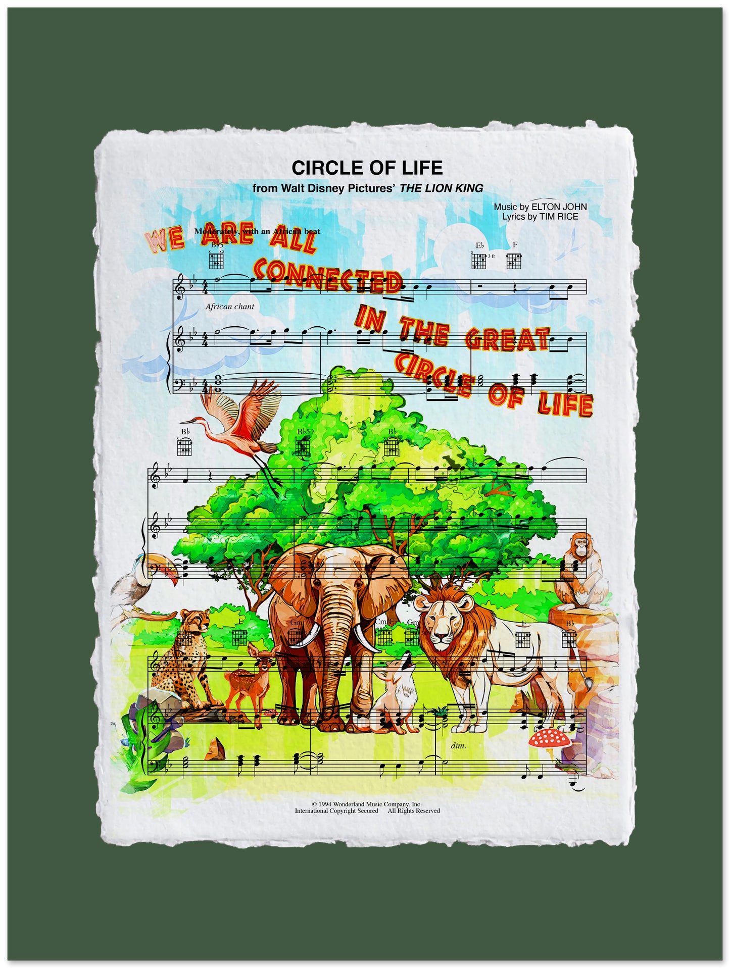 Illustration of animals under a tree with music sheet background and text 'Circle of Life' from Disney's 'The Lion King'.