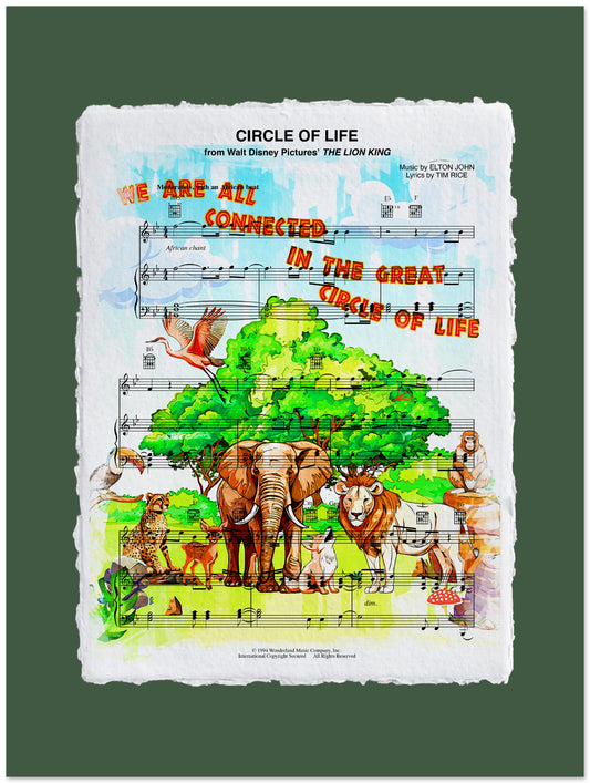Illustration of animals under a tree with music sheet background and text 'Circle of Life' from Disney's 'The Lion King'.