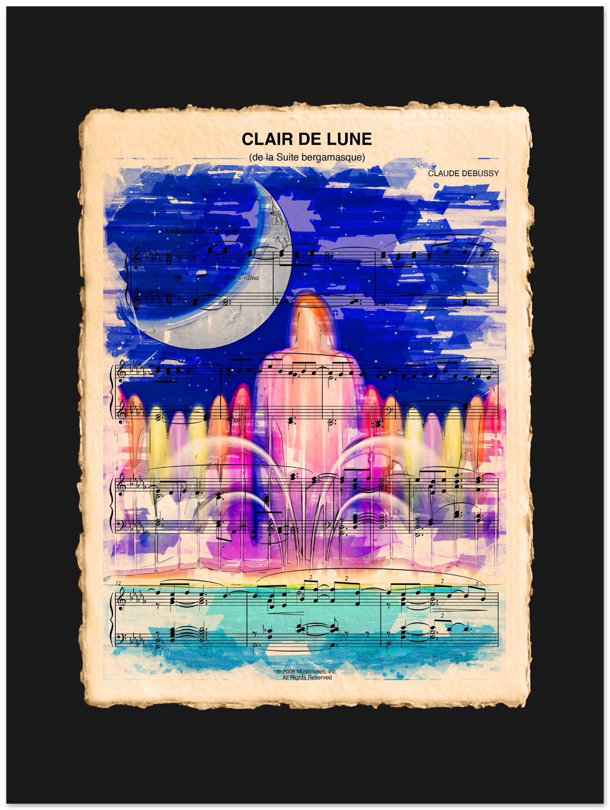 Sheet music with colorful illustration of a water fountain and moon, titled 'Clair de Lune'.