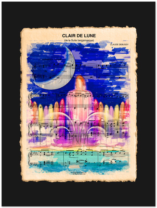 Sheet music with colorful illustration of a water fountain and moon, titled 'Clair de Lune'.