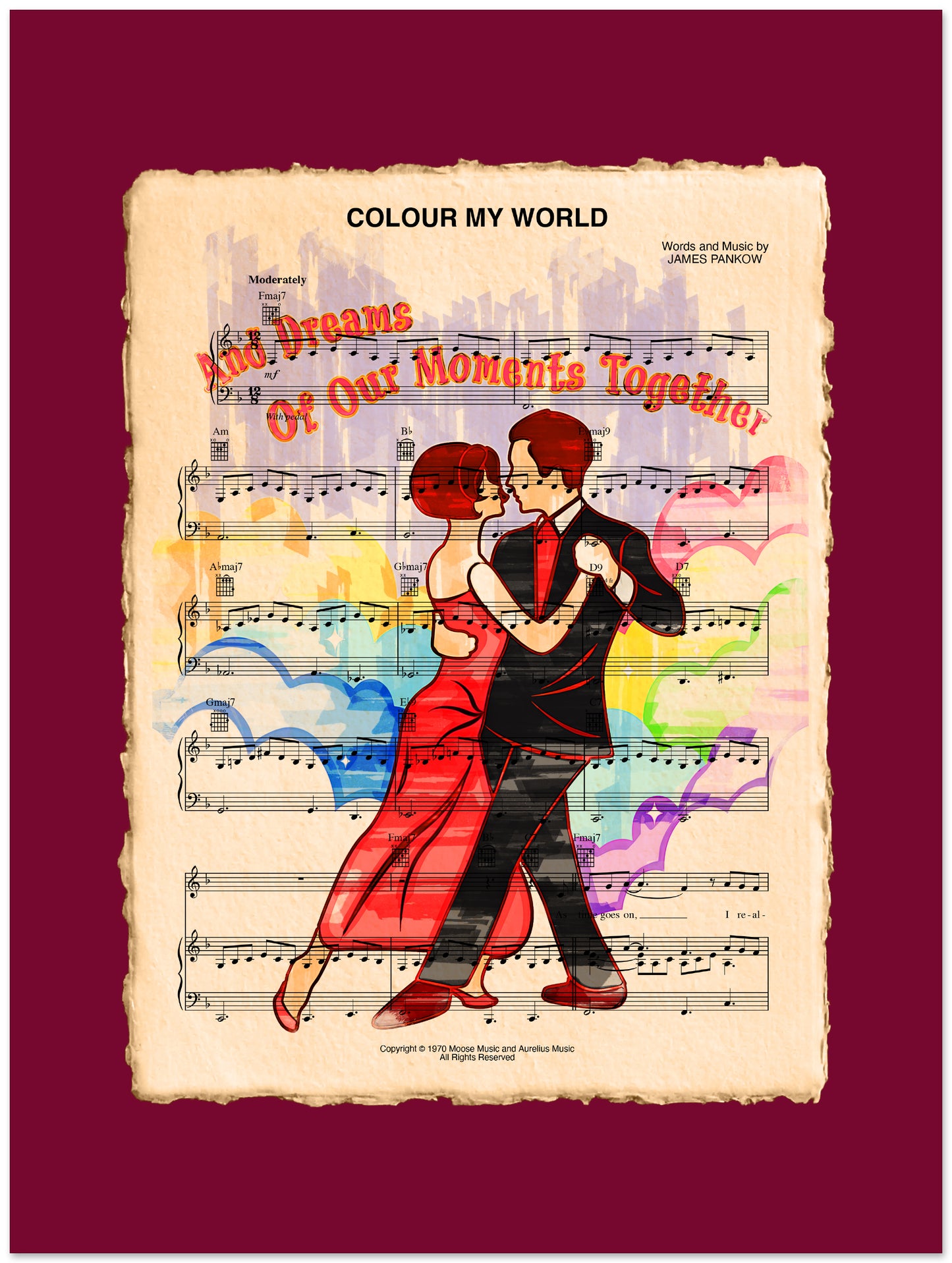 Sheet music cover with a couple dancing and colorful notes on a red background