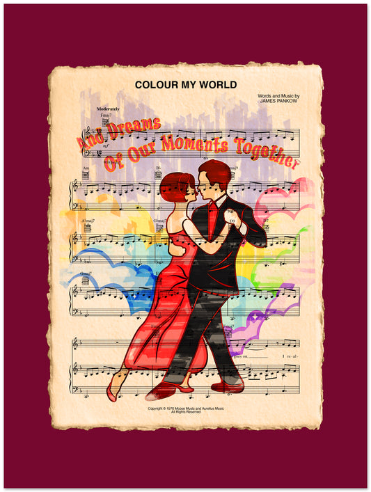 Sheet music cover with a couple dancing and colorful notes on a red background