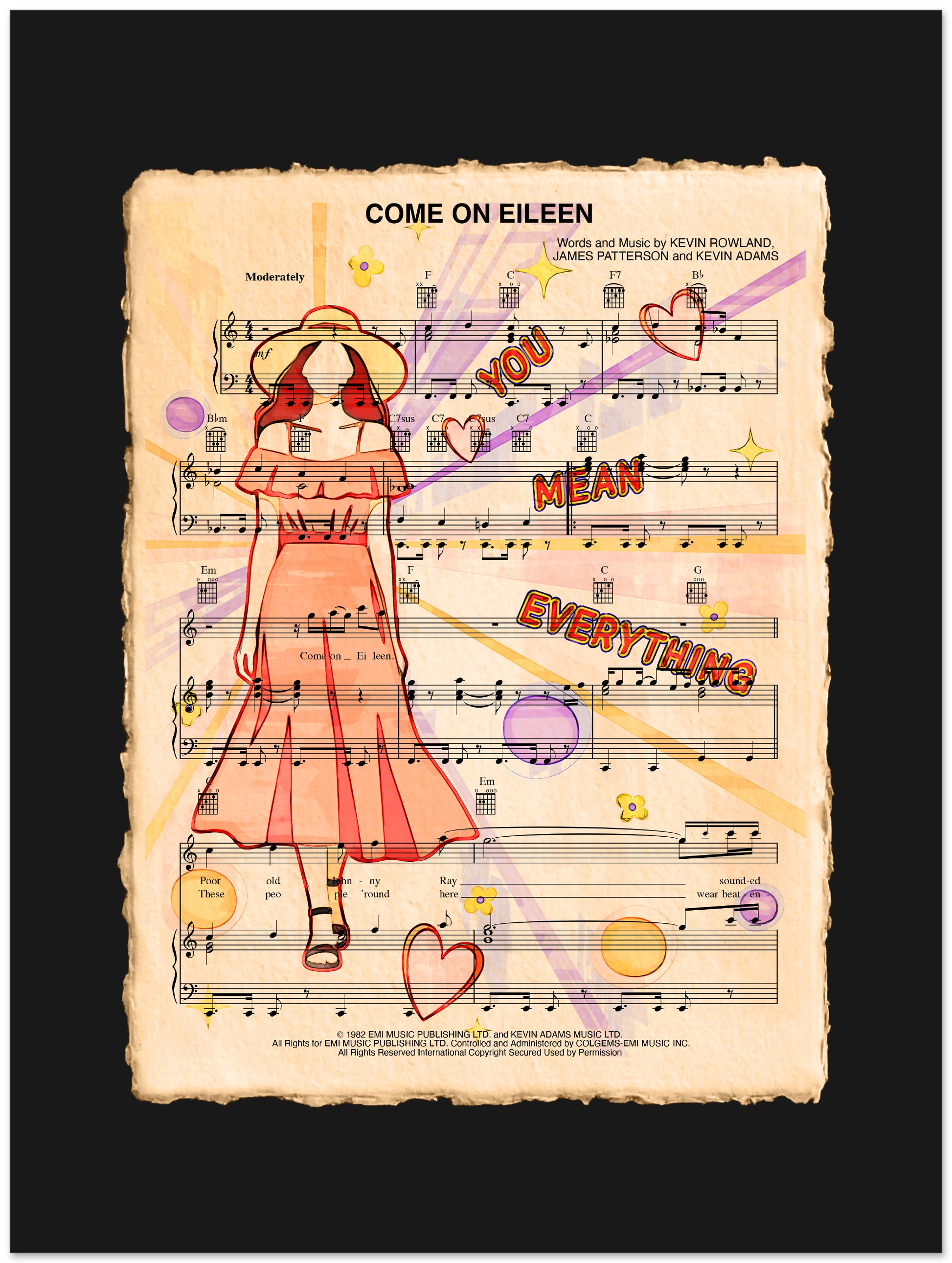 Sheet music with colorful text and a stylized illustration of a woman in a dress on a black background.
