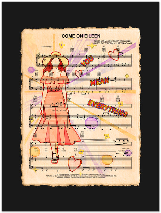 Sheet music with colorful text and a stylized illustration of a woman in a dress on a black background.