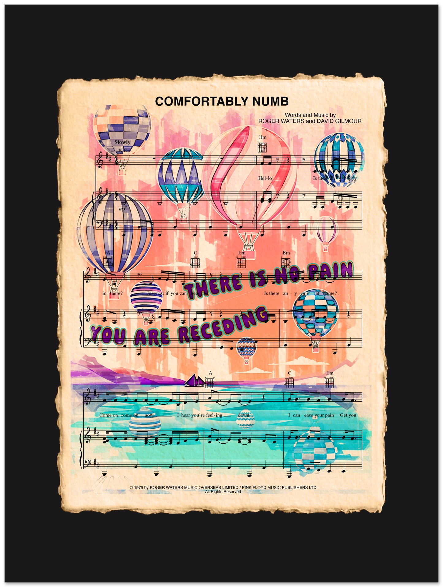 Sheet music with colorful balloons and text on a black background