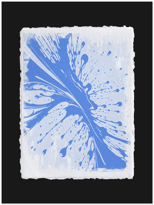 Blue abstract design on a textured white surface with a black border