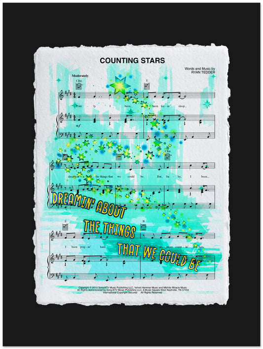 Sheet music for 'Counting Stars' with decorative elements on a black background