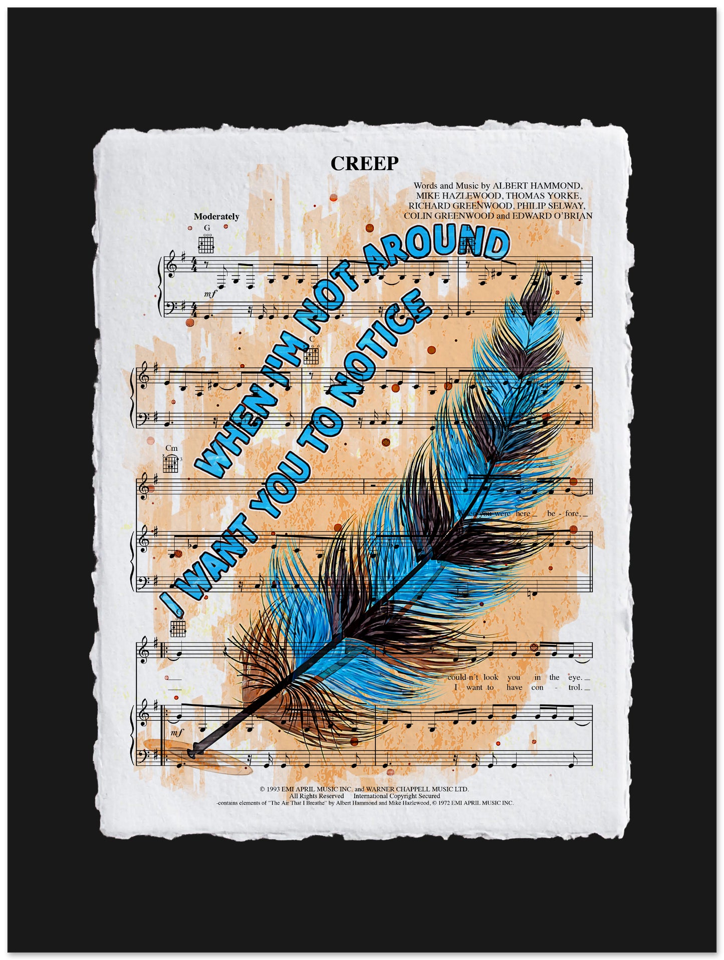 Sheet music with a blue feather and text on a black background