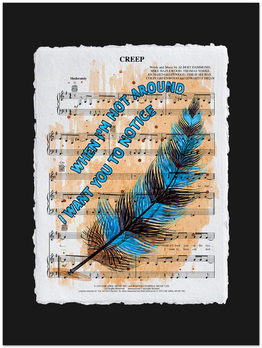 Sheet music with a blue feather and text on a black background
