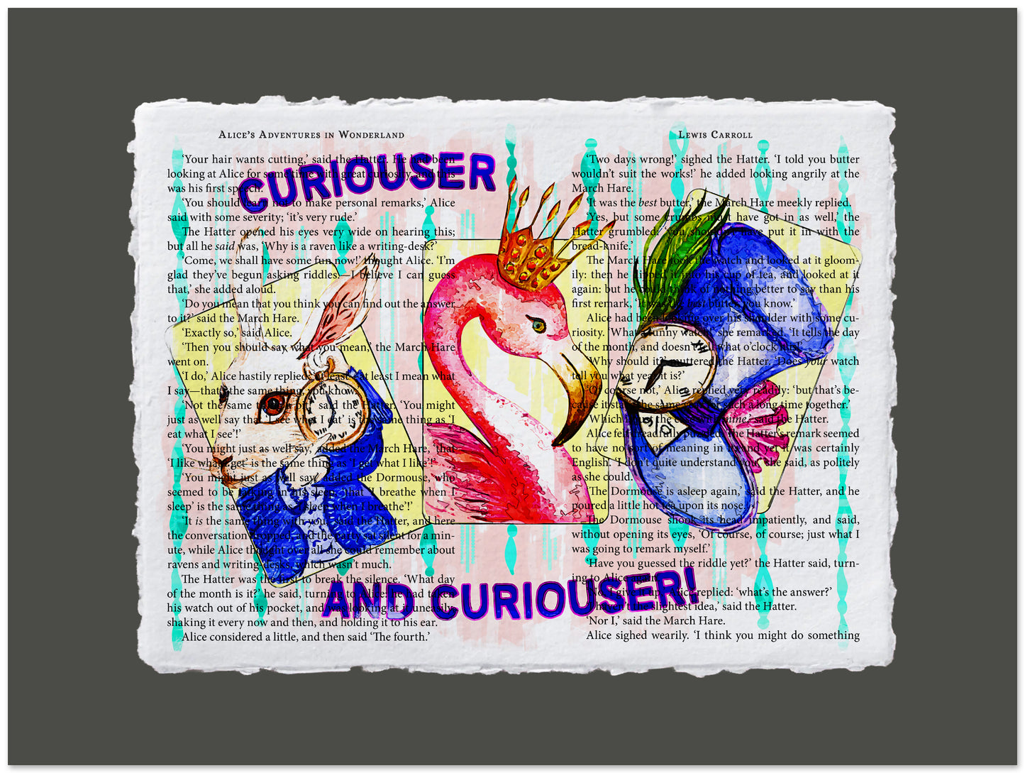 Colorful illustration of a flamingo and parrot with 'Curiouser and Curiouser!' text on a printed book page.