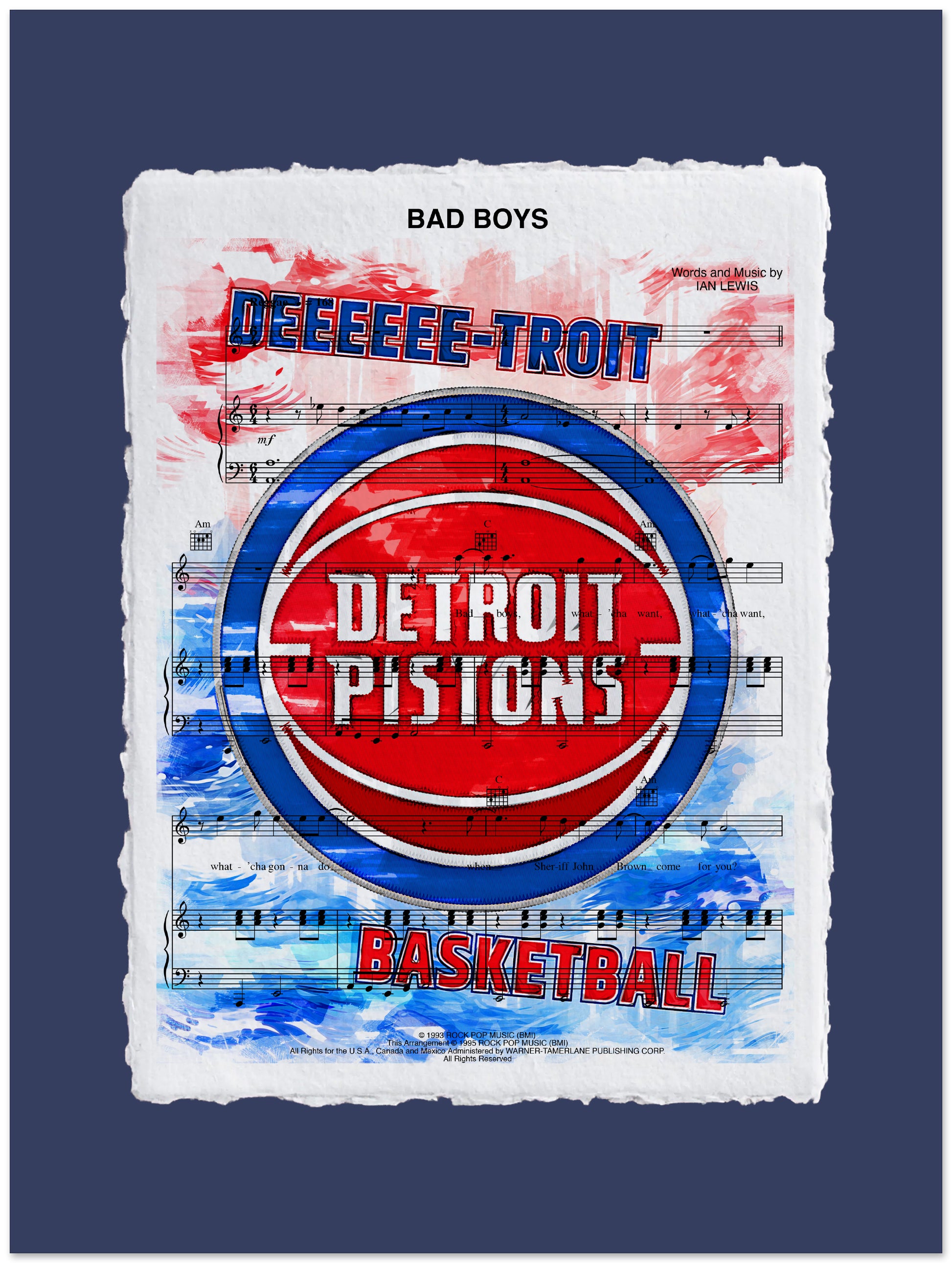 Detroit Pistons basketball poster with musical notes and text on a dark blue background