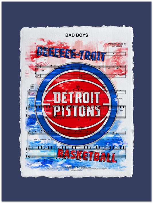Detroit Pistons basketball poster with musical notes and text on a dark blue background