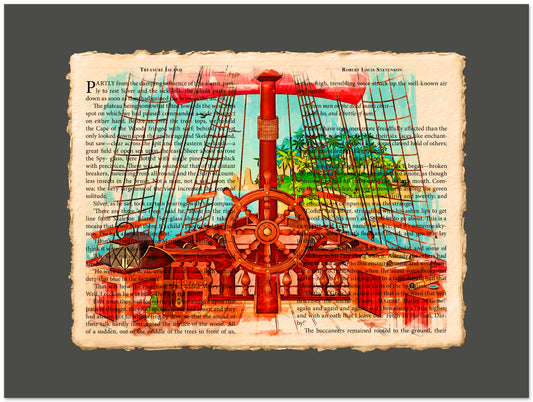 Colorful ship illustration on a textured background with text overlay