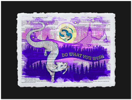 Purple artwork with a dragon and text on a black background
