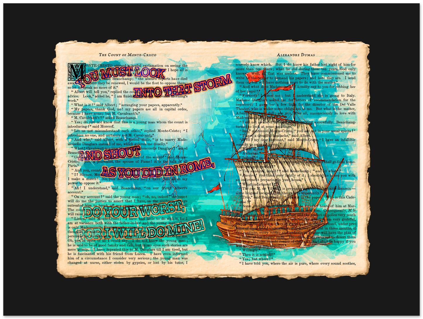 Vintage-style ship illustration on a textured paper background with text overlay.