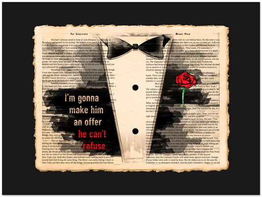 Tuxedo with a red rose and text on an old newspaper background