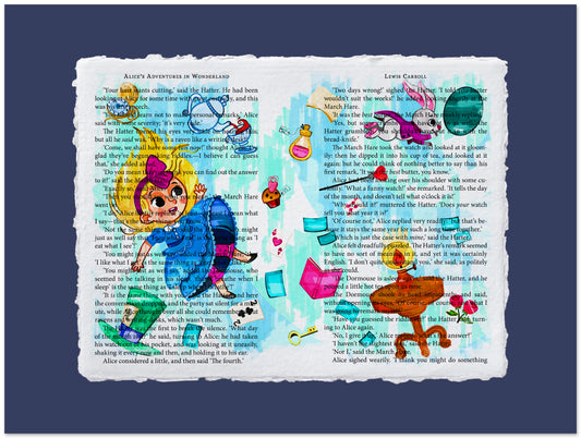 Colorful illustration of characters from 'Alice in Wonderland' on a book page background