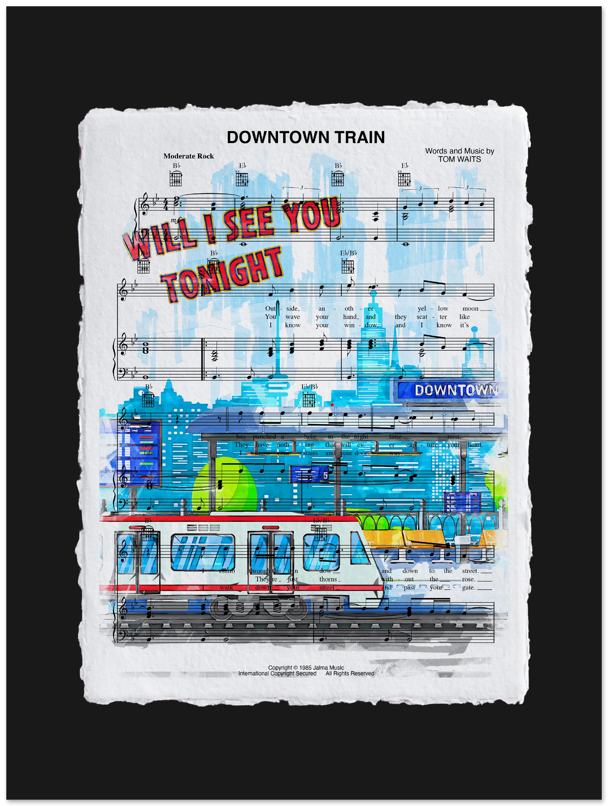 Sheet music cover for 'Downtown Train' with train illustration and cityscape