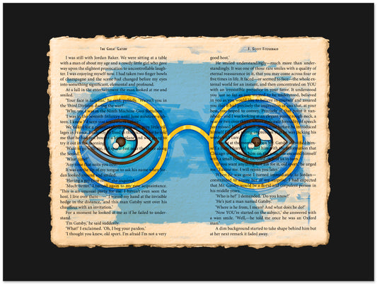 Artistic depiction of eye-shaped glasses on a textured text background