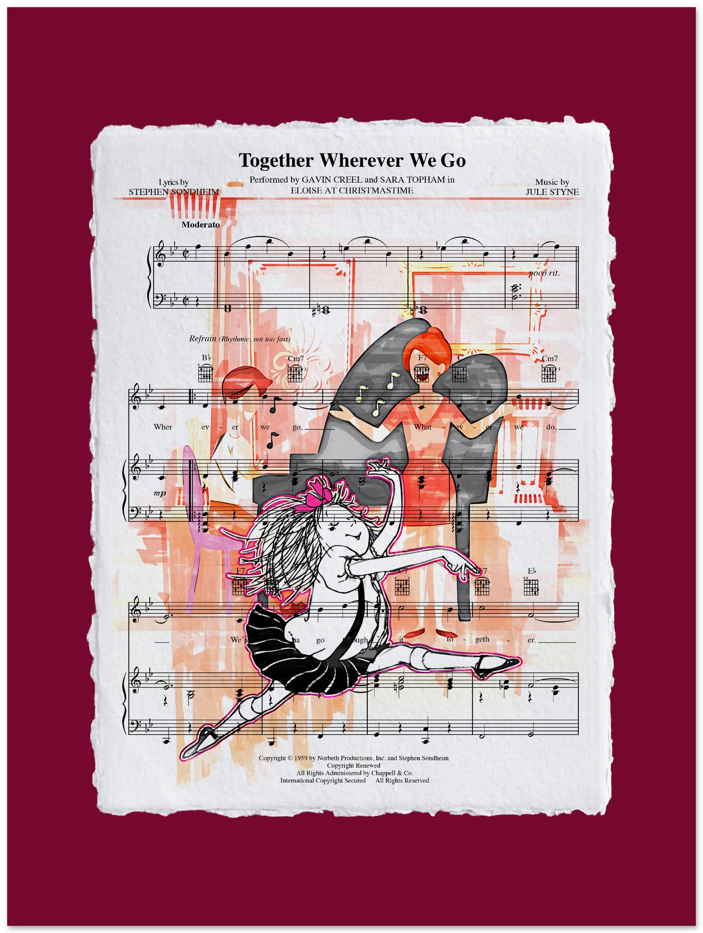 Sheet music with a dancer illustration on a red background