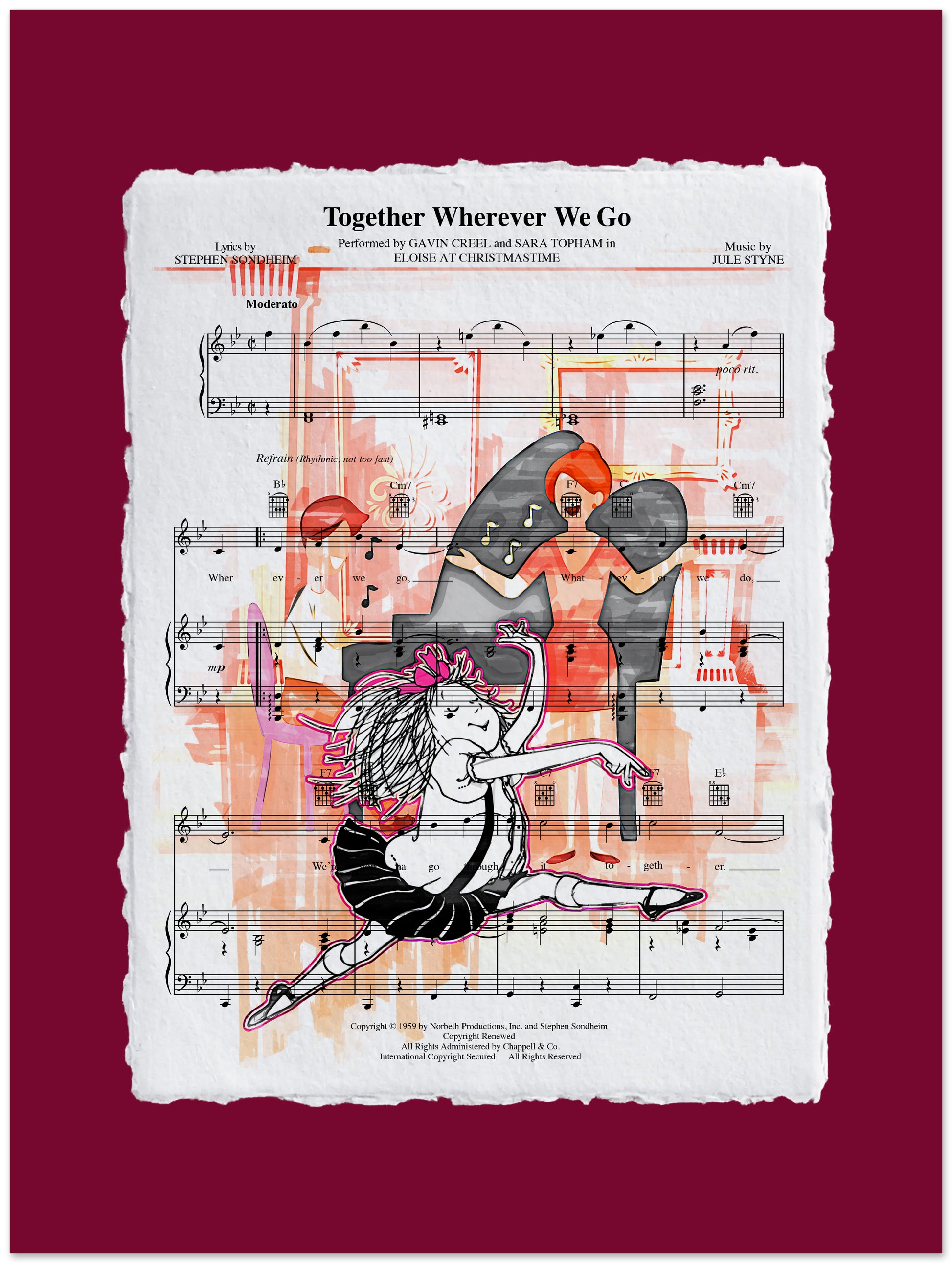 Sheet music with a dancer illustration on a red background