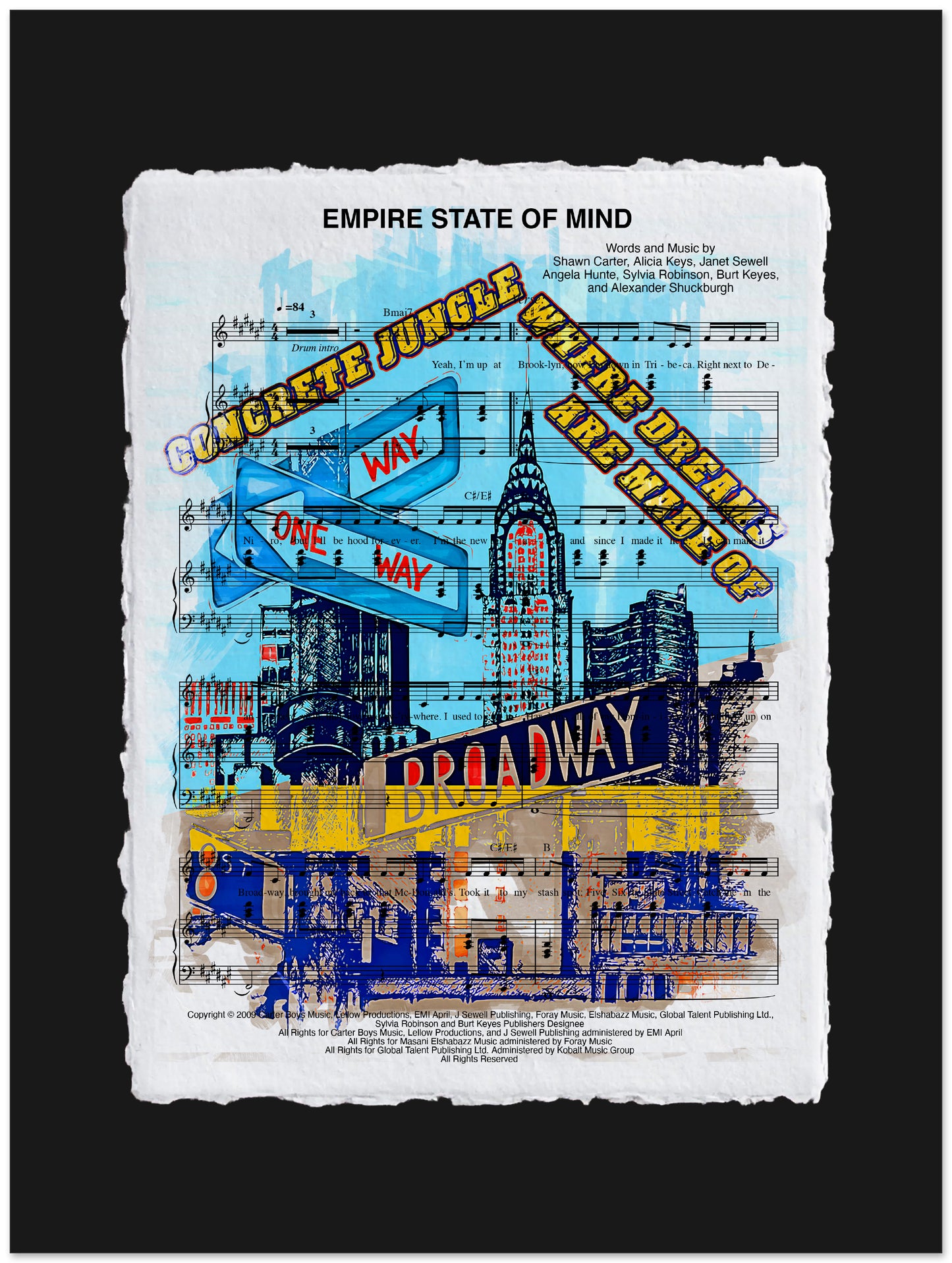 Artistic depiction of a cityscape with text and musical notes on a black background