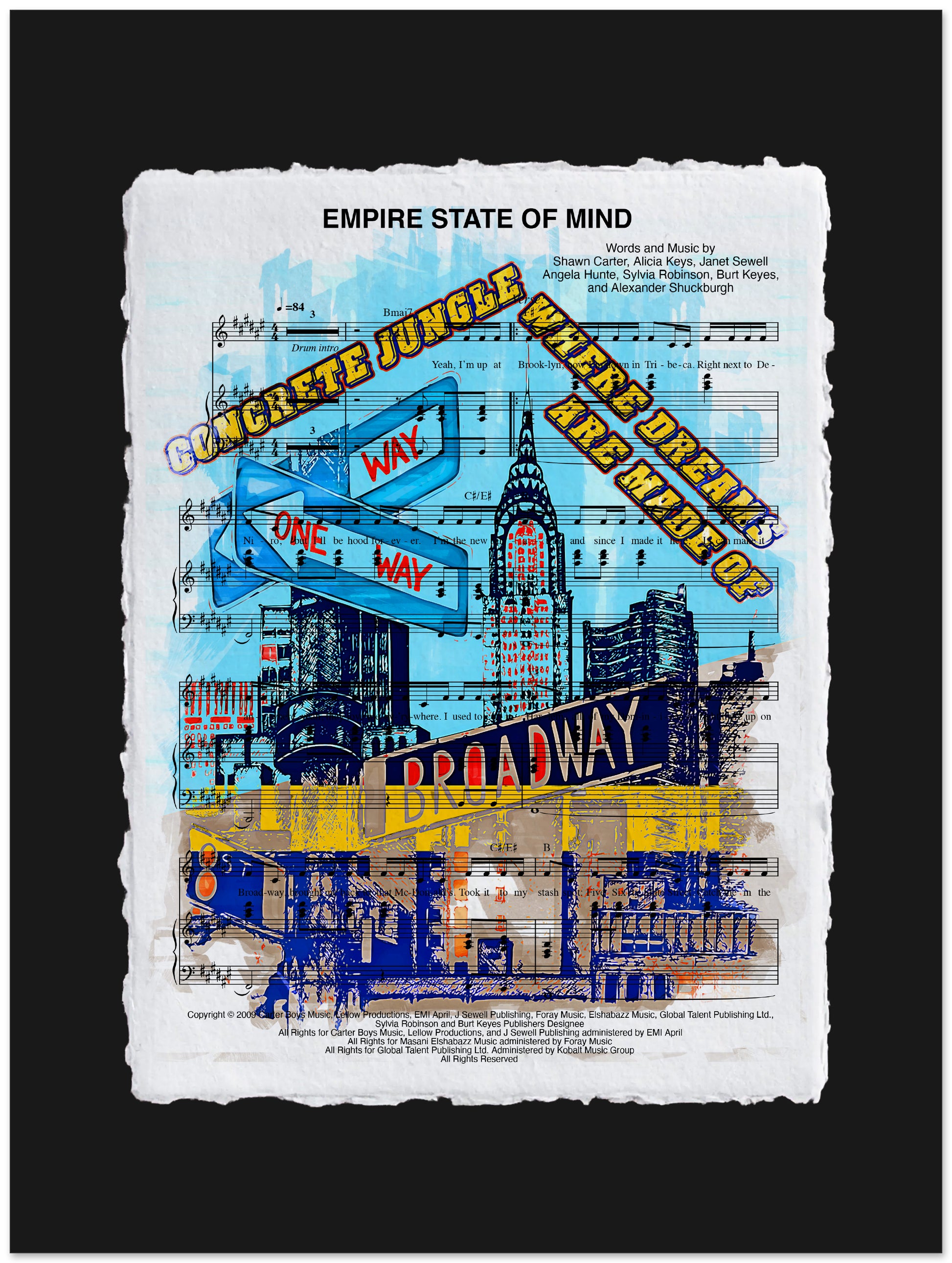 Artistic depiction of a cityscape with text and musical notes on a black background