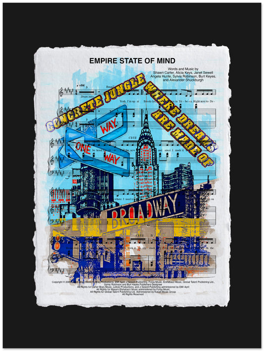 Artistic depiction of a cityscape with text and musical notes on a black background