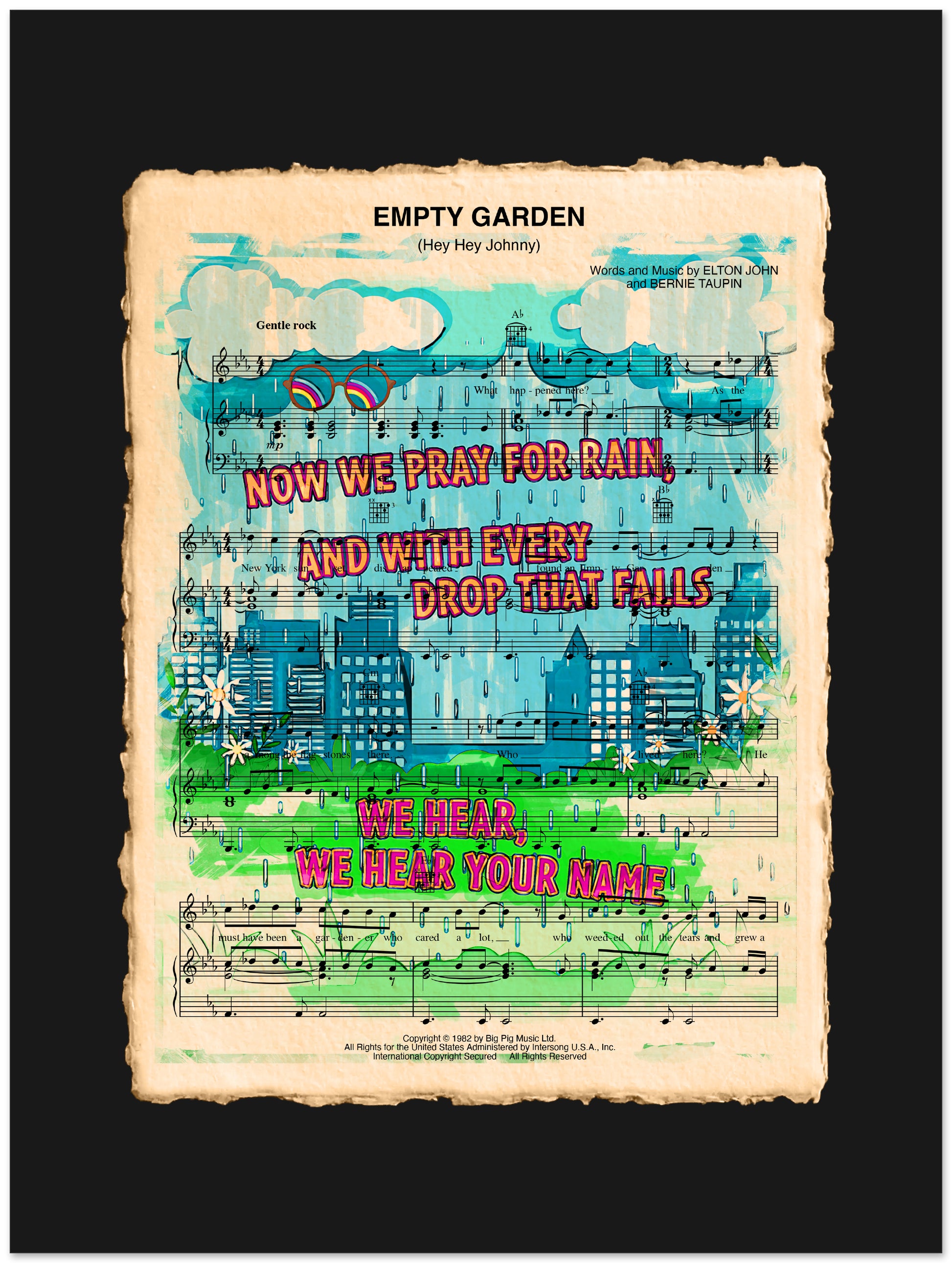 Colorful poster with text and musical notes titled 'Empty Garden' on a black background