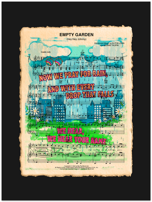 Colorful poster with text and musical notes titled 'Empty Garden' on a black background