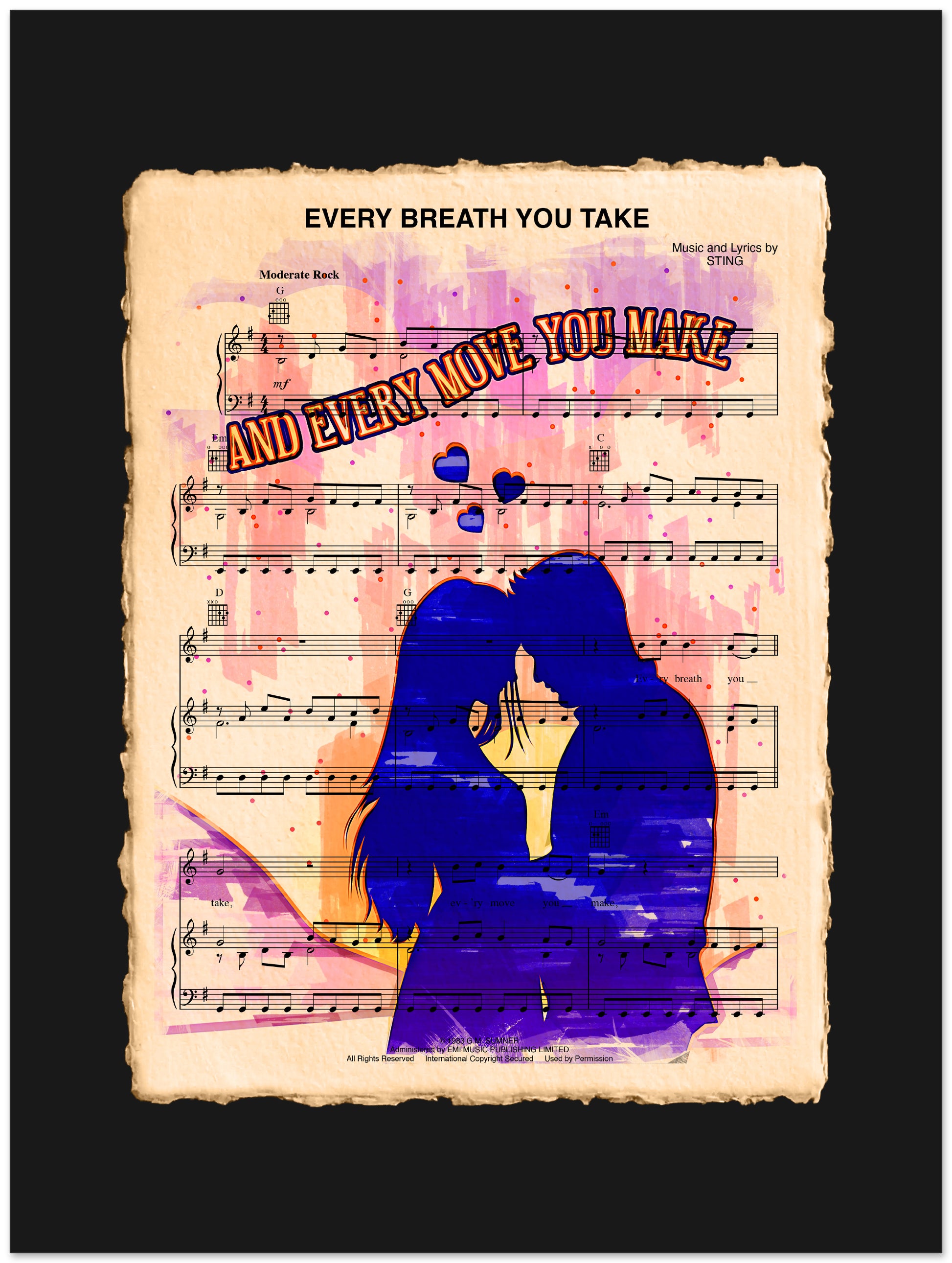 Sheet music with a silhouette of two people kissing and text 'Every Breath You Take' on a black background.