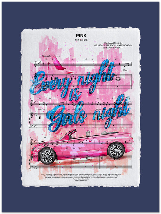 Sheet music with 'Every night is girls night' text and a pink car illustration on a blue background.