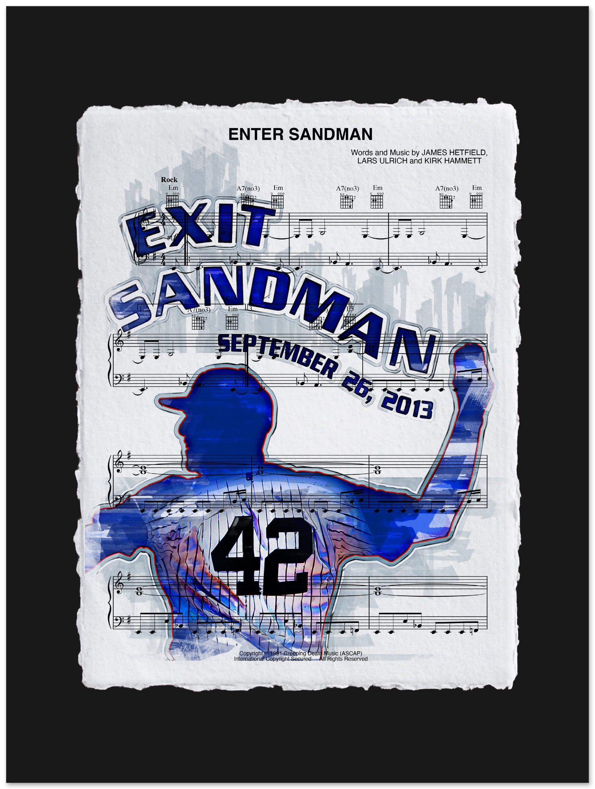 Poster with 'Exit Sandman' text, silhouette of a baseball player, and musical notes on a white background.
