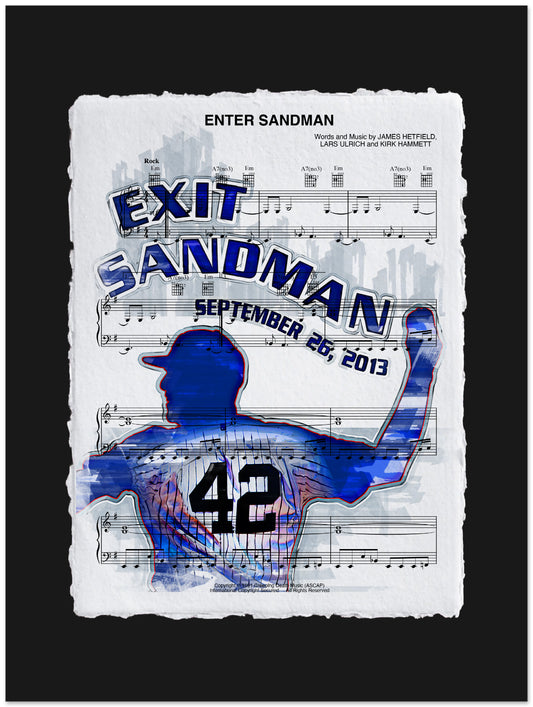 Poster with 'Exit Sandman' text, silhouette of a baseball player, and musical notes on a white background.