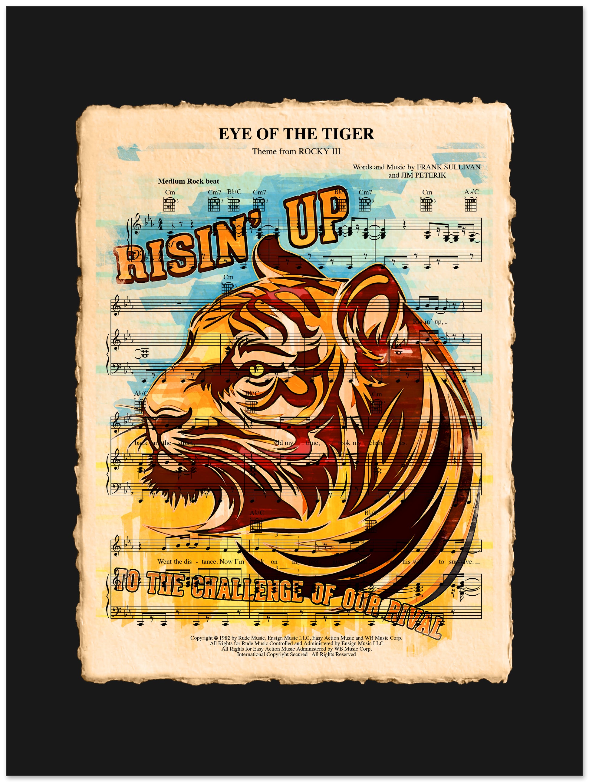 Tiger illustration on sheet music with 'Eye of the Tiger' text
