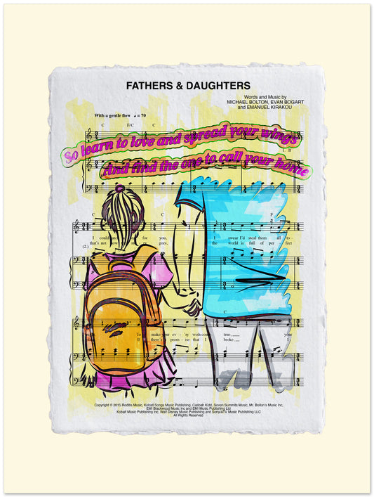 Illustration of a father and daughter with backpacks on sheet music background, featuring text 'Fathers & Daughters'.