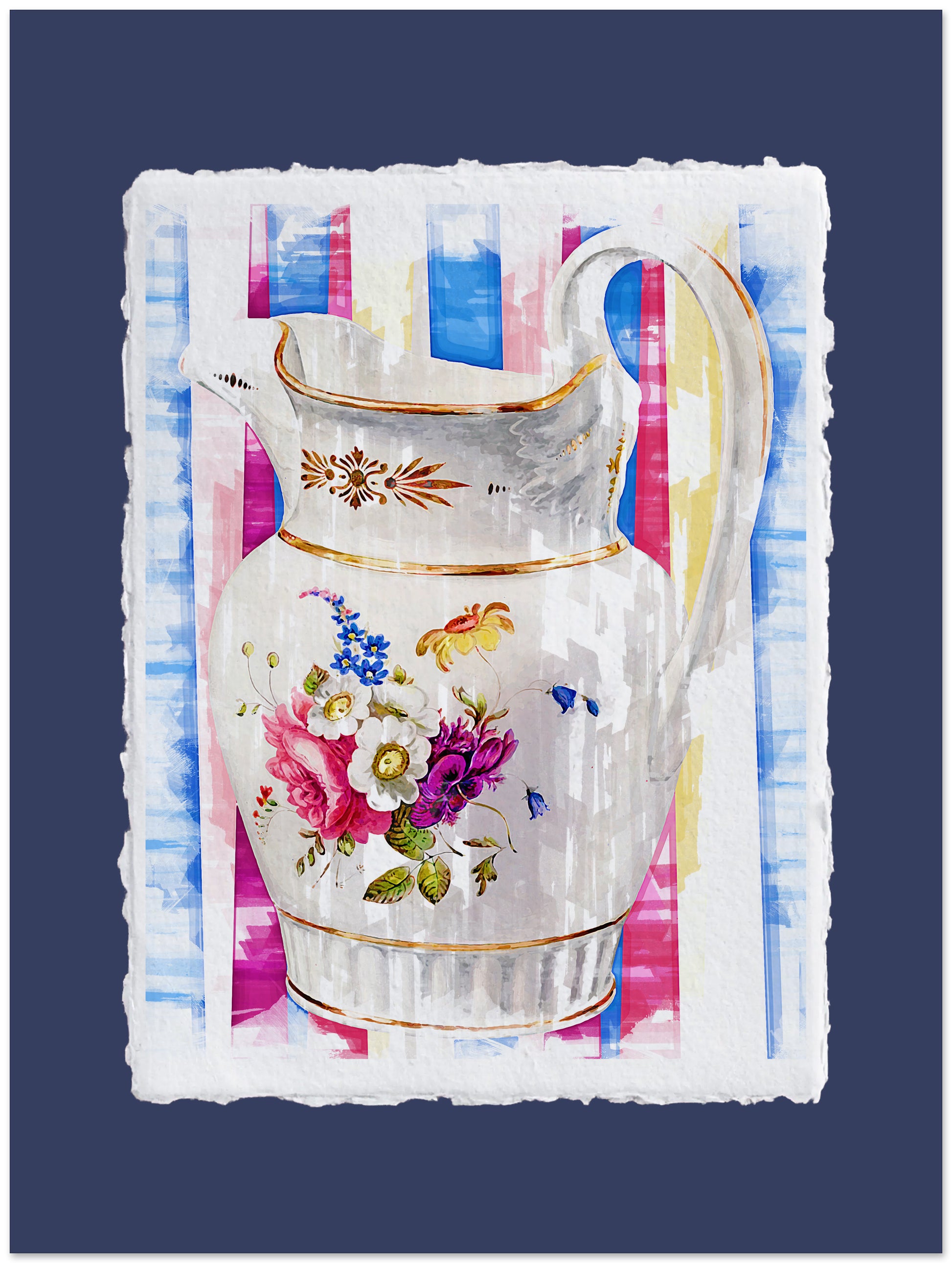 Decorative ceramic pitcher with floral design on a colorful striped background