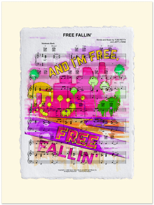Sheet music cover for 'Free Fallin'' with colorful text and graphics on a white background
