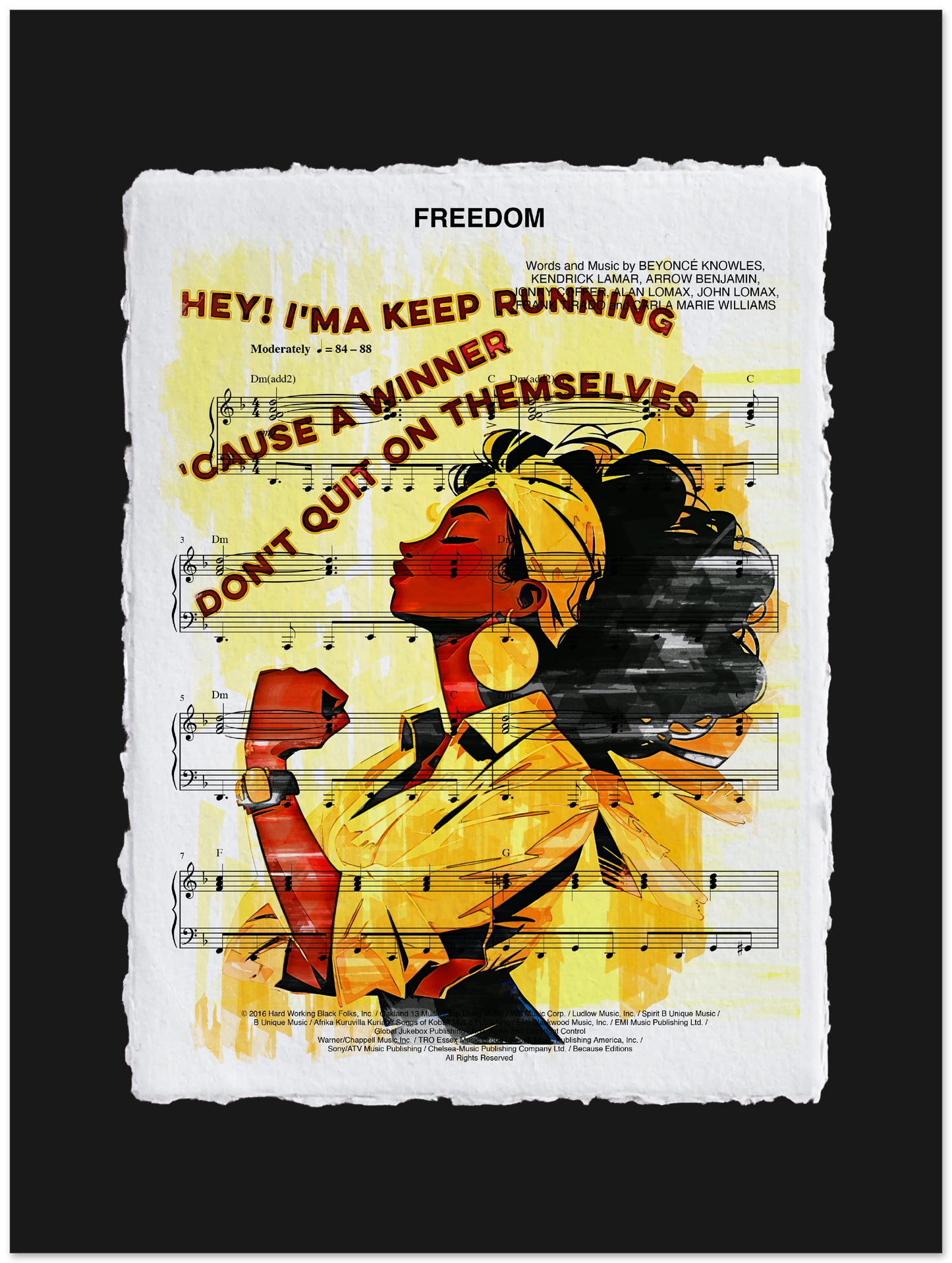 Artistic depiction of a woman with text and sheet music on a black background